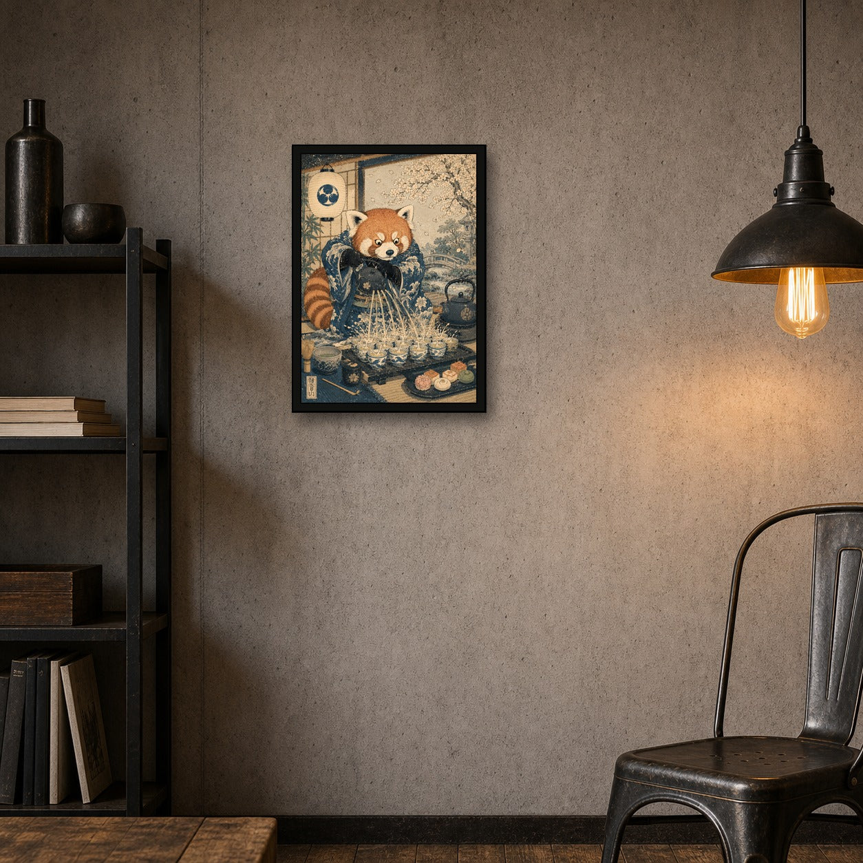 Red Panda Tea Ceremony Japanese Retro Poster Print - A room mockup