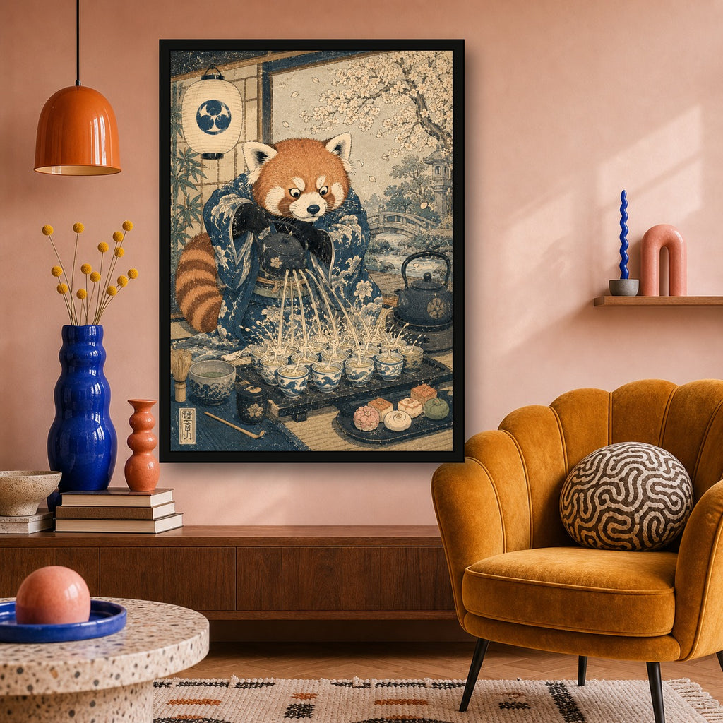 Red Panda Tea Ceremony Japanese Retro Poster Print - A room mockup