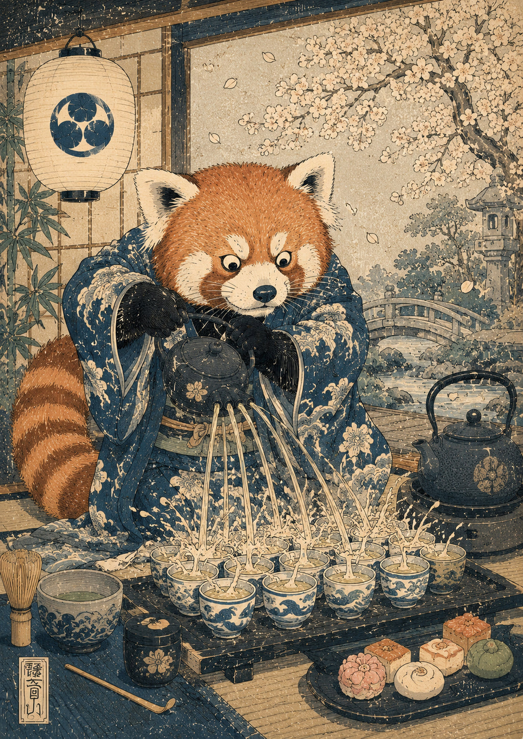 Red Panda Tea Ceremony Japanese Retro Poster Print
