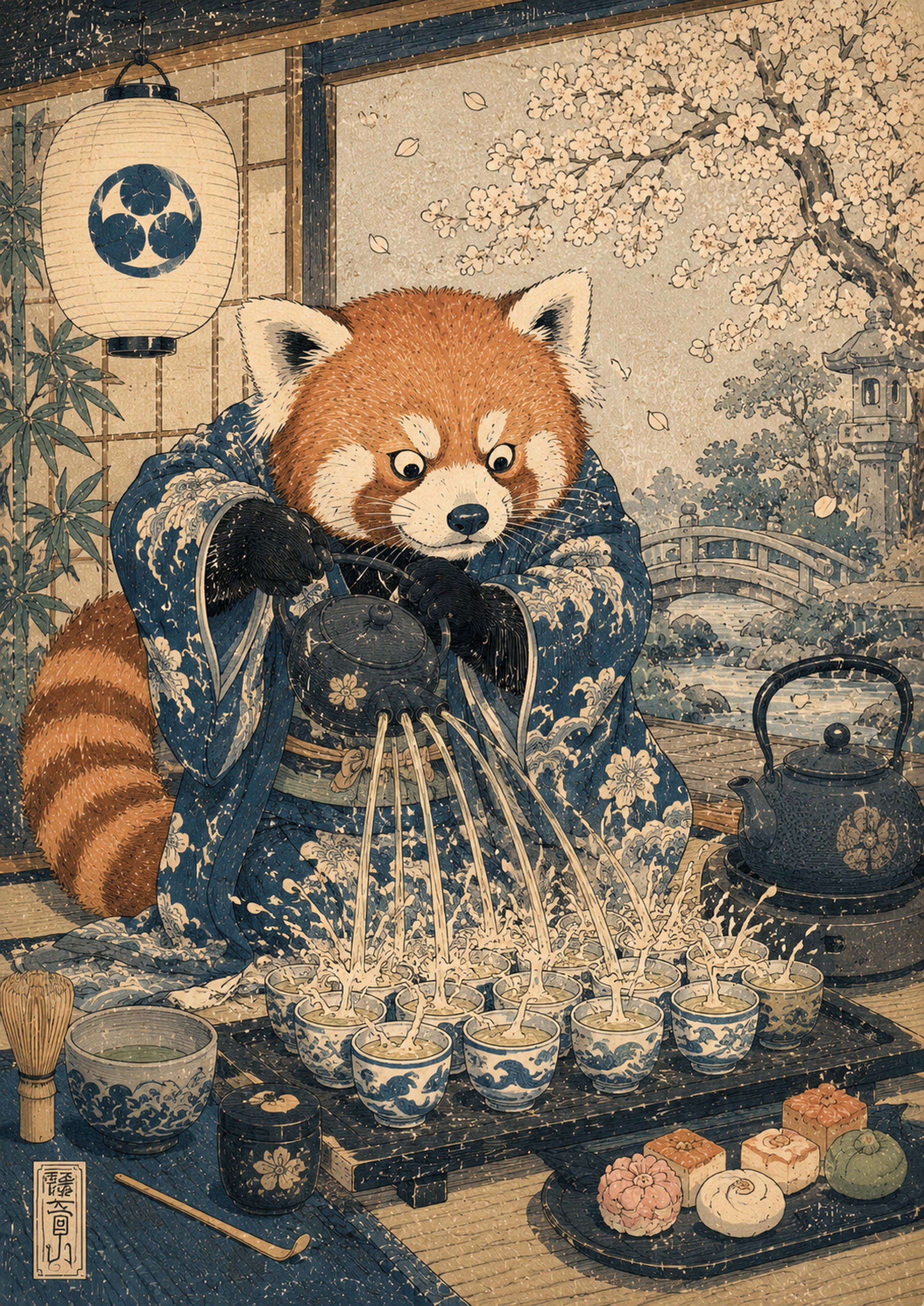 Red Panda Tea Ceremony Japanese Retro Poster Print