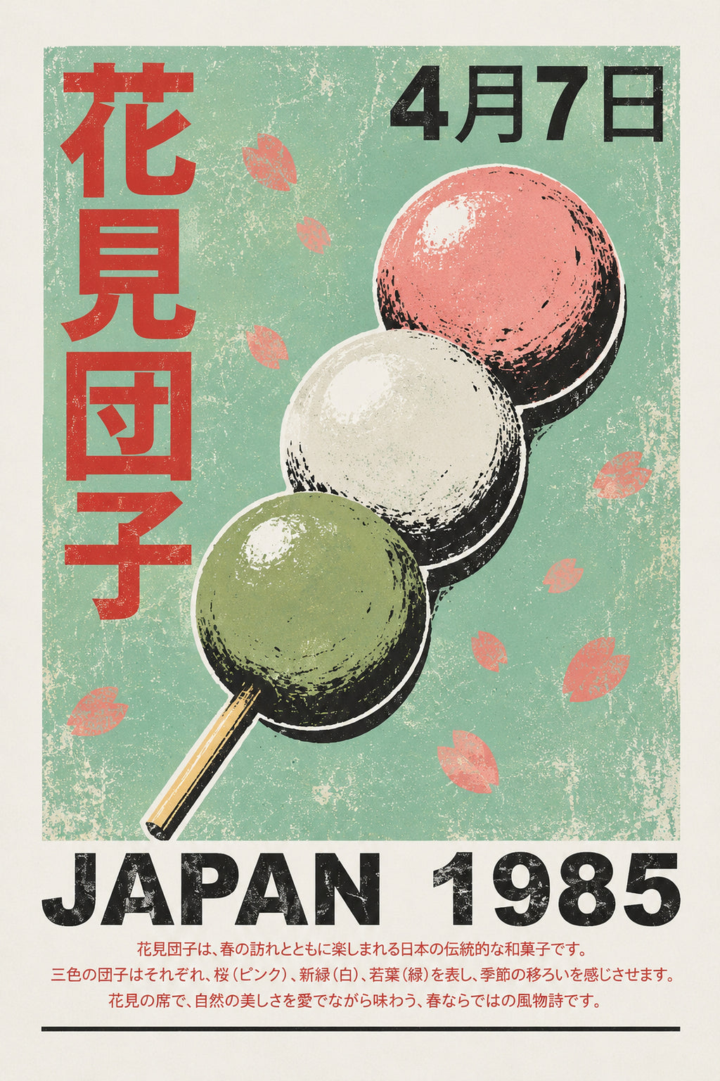 Retro Dango Art Print, Japan 1985 Poster, Hanami Dango Wall Art, Vintage Japanese Food Travel Print in various sizes