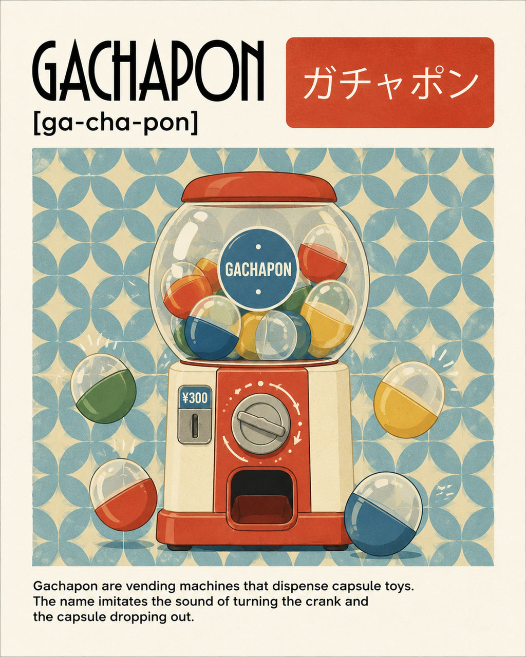 Retro Gachapon Poster, Japan Capsule Toy Wall Art, Japanese Aesthetic Print in various sizes - corrected 4x5 flat artwork