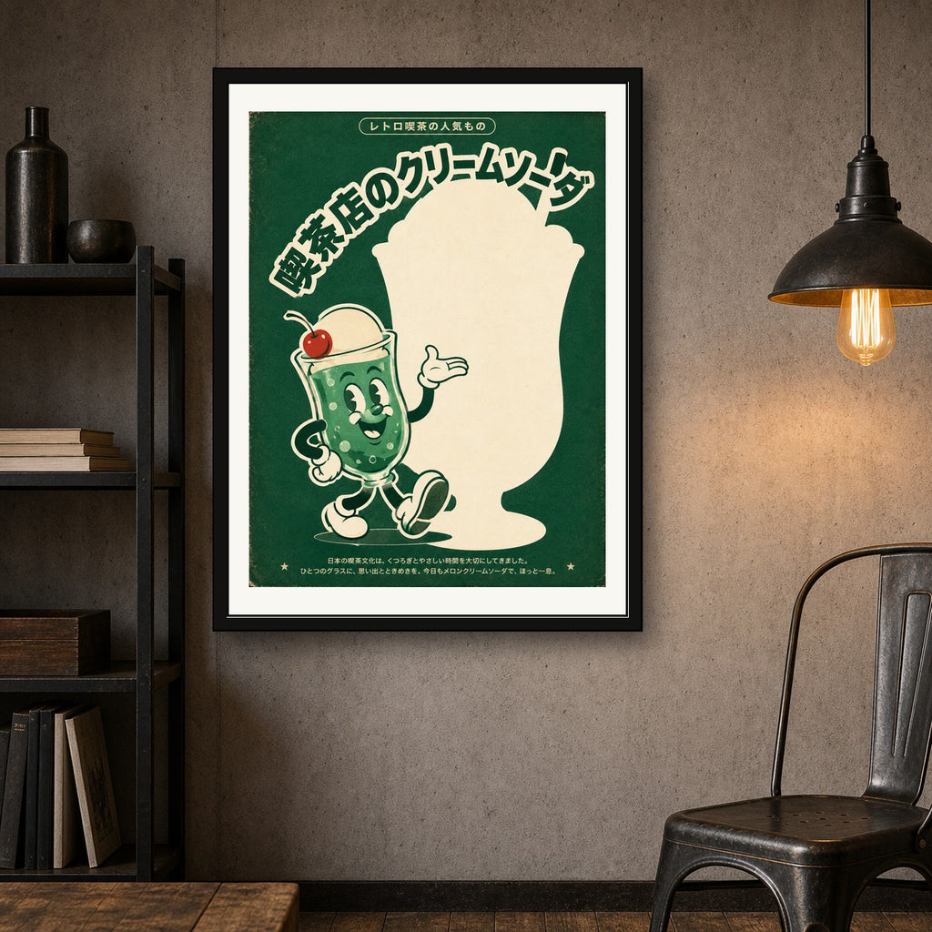 Retro Japanese Melon Soda Poster, Kawaii Drink Wall Art, Vintage Kissaten Cafe Print in Your Choice of Six Sizes - corrected 3x4 room mockup