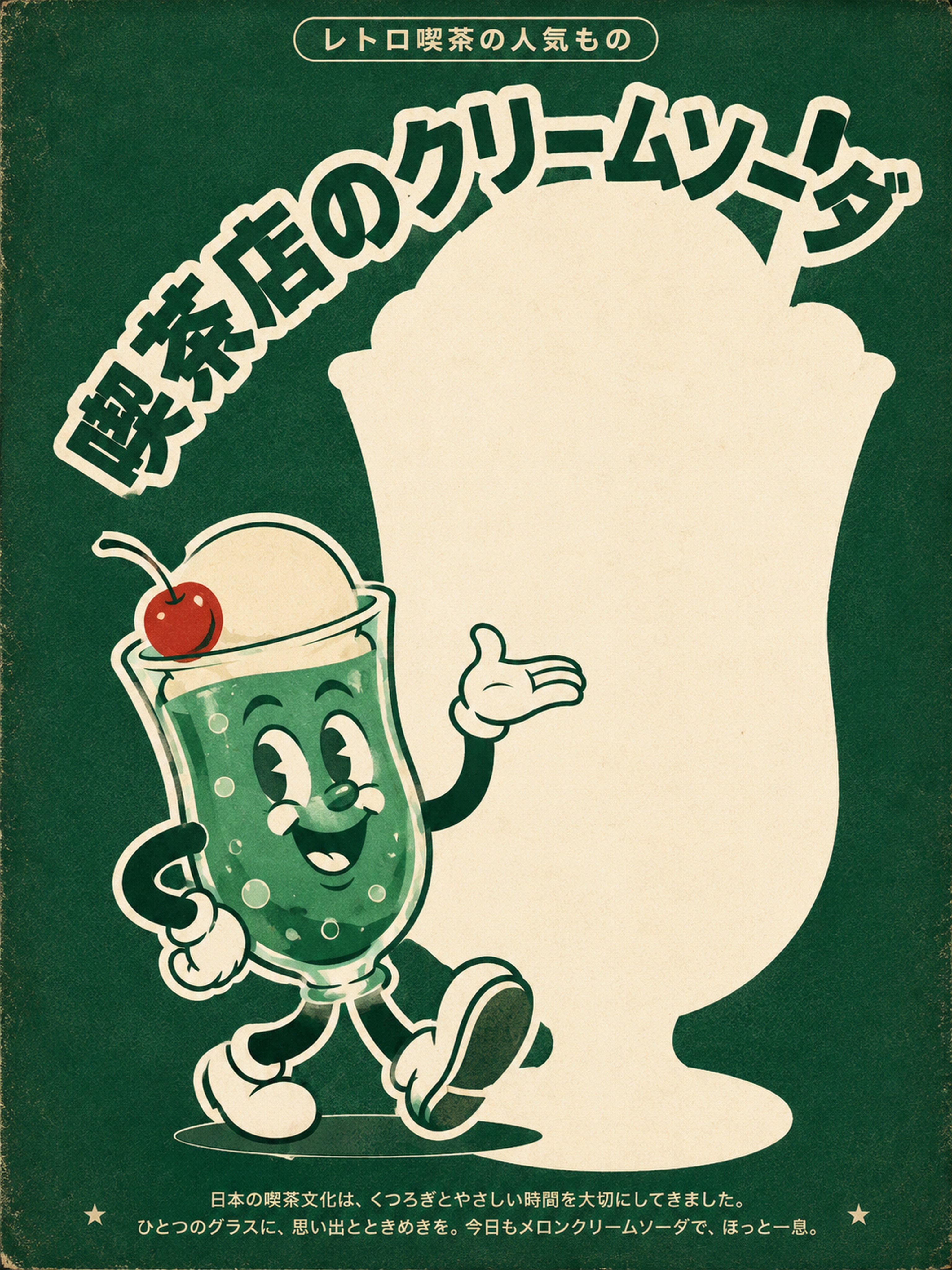 Retro Japanese Melon Soda Poster, Kawaii Drink Wall Art, Vintage Kissaten Cafe Print in Your Choice of Six Sizes - corrected 3x4 flat artwork