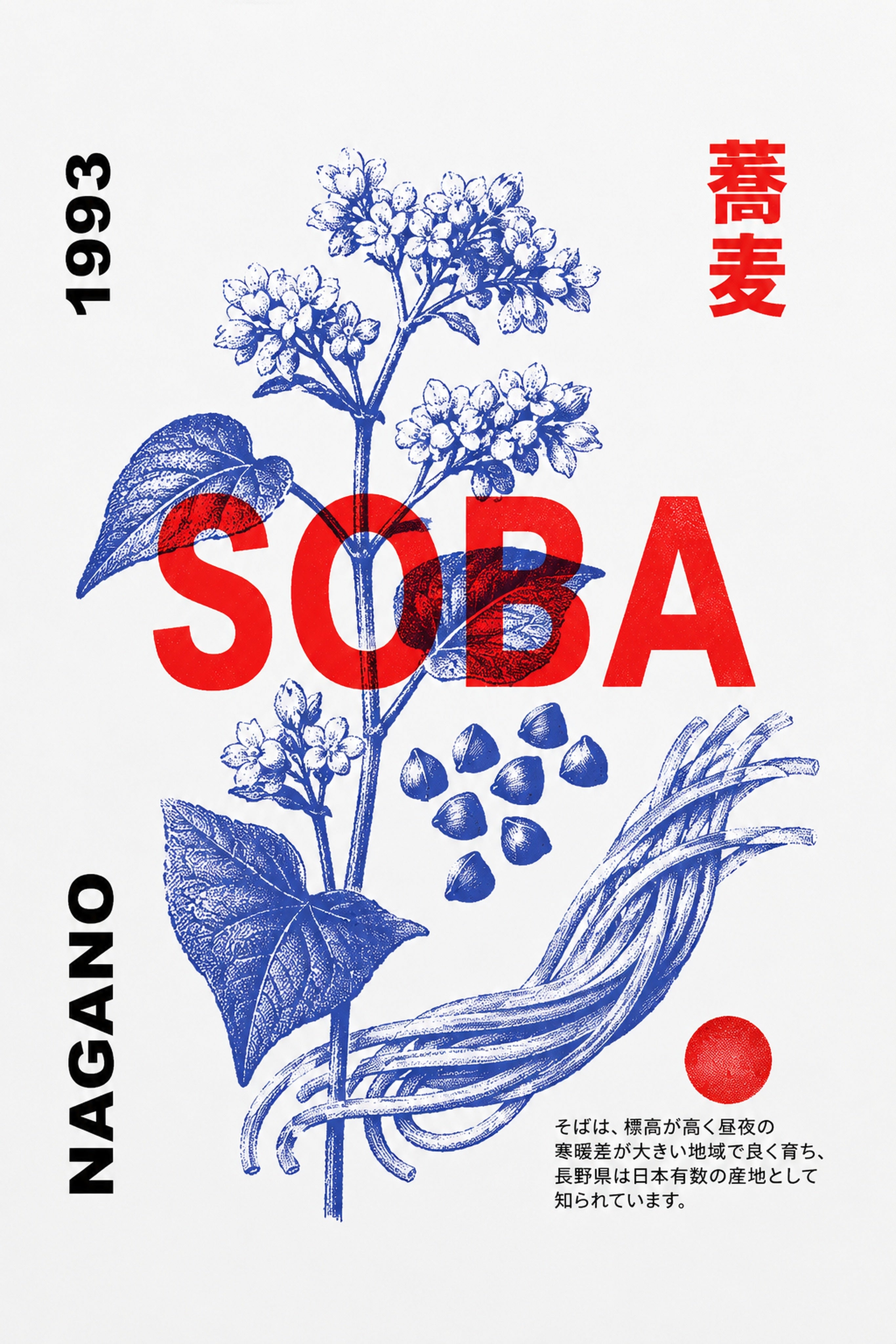 Retro Japanese Soba Poster, Nagano Food Art Print, Vintage Buckwheat Noodle Wall Decor in Multiple Sizes
