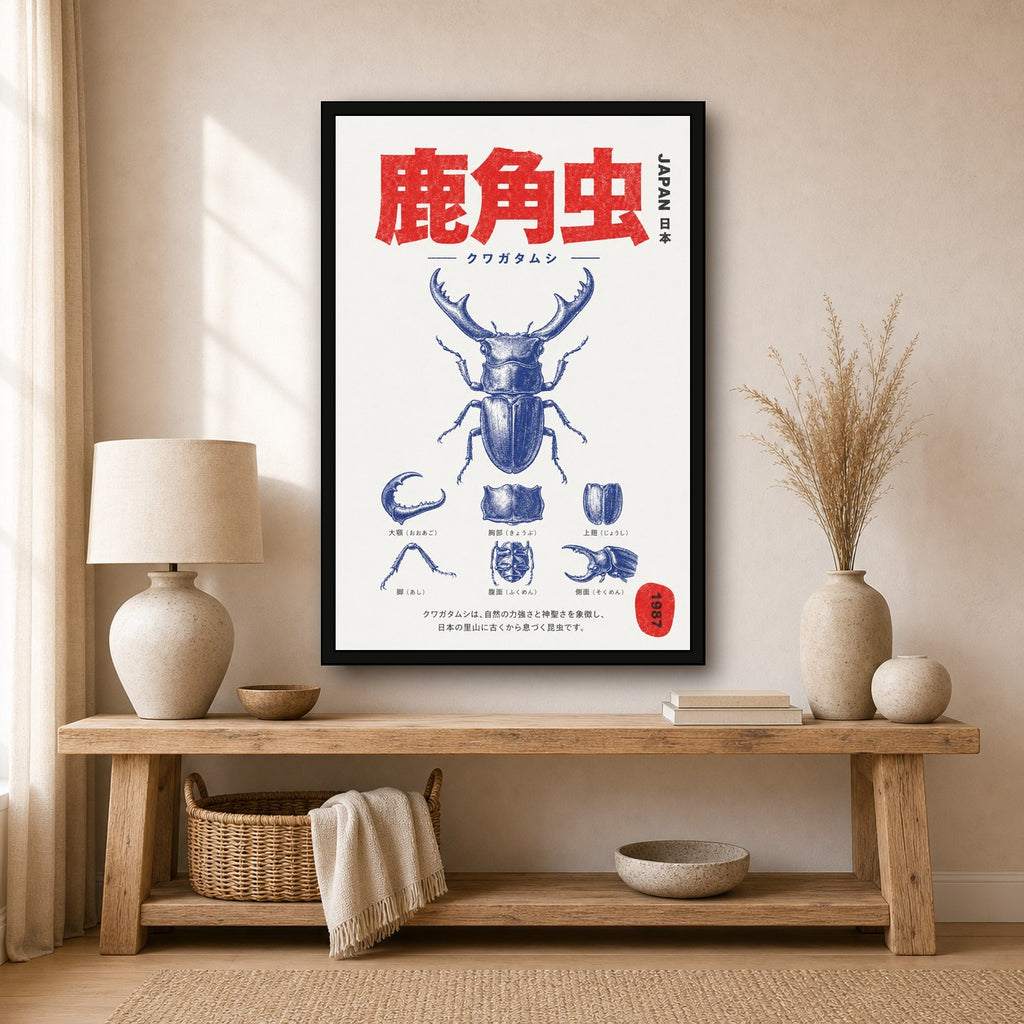 Retro Japanese Stag Beetle Poster - Vintage Indigo & Red Insect Wall Art - Japan Travel Print - 2x3 room mockup
