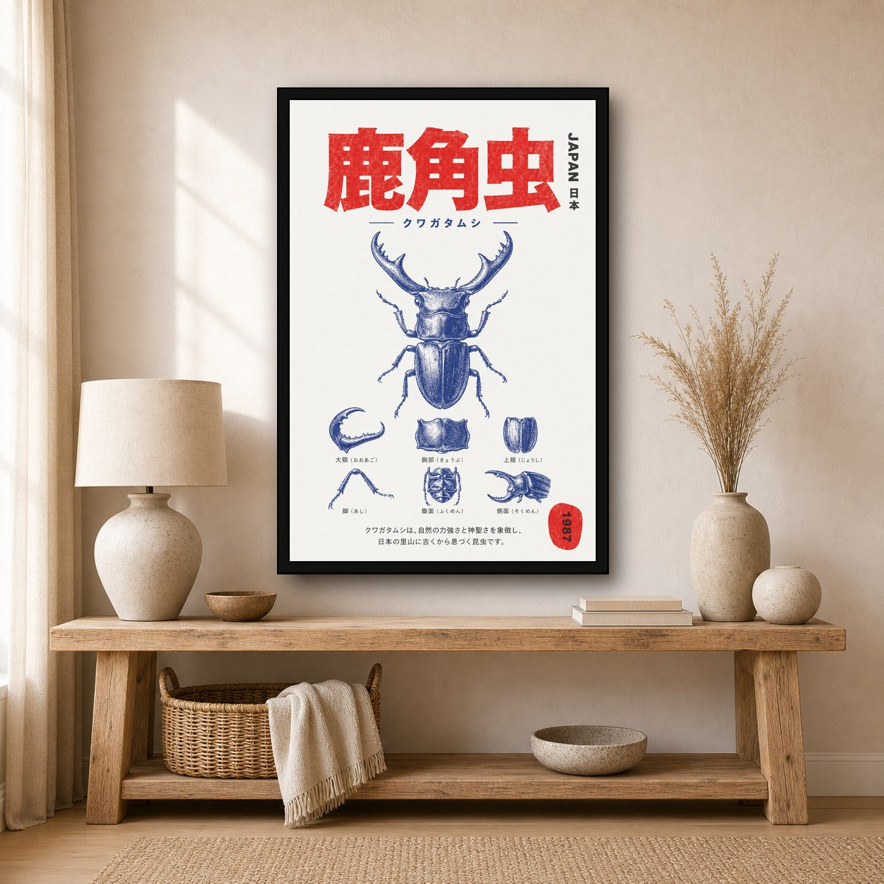 Retro Japanese Stag Beetle Poster - Vintage Indigo & Red Insect Wall Art - Japan Travel Print - 2x3 room mockup