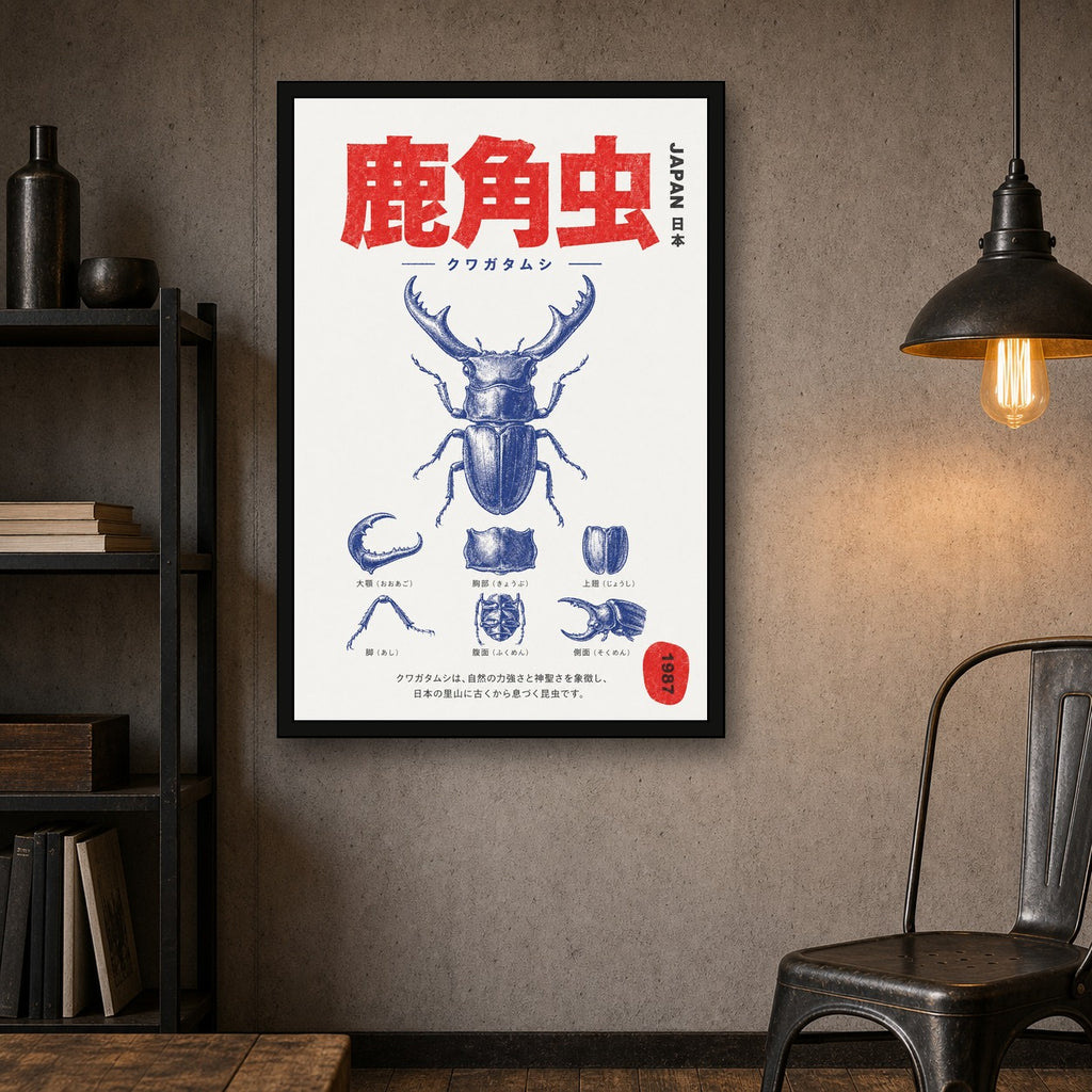 Retro Japanese Stag Beetle Poster - Vintage Indigo & Red Insect Wall Art - Japan Travel Print - 2x3 room mockup