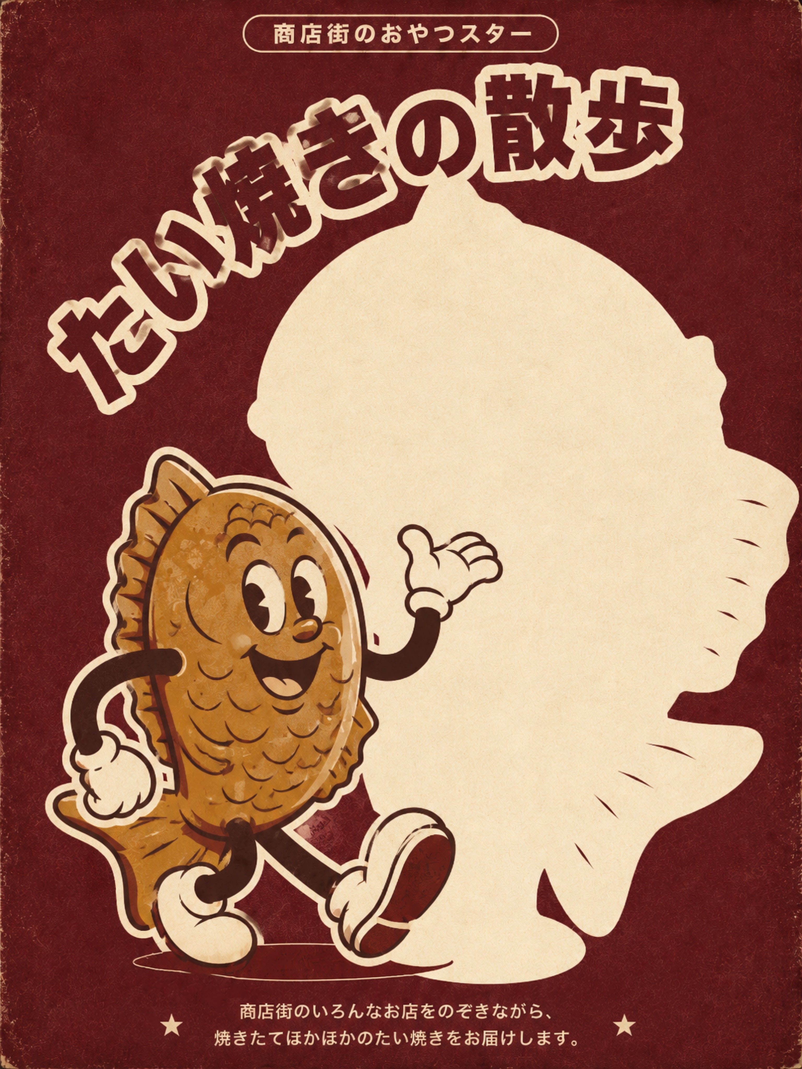 Retro Japanese Taiyaki Character Poster, Vintage Food Art Print, Cute Japan Kitchen & Cafe Decor in Multiple Sizes - corrected 3x4 flat artwork