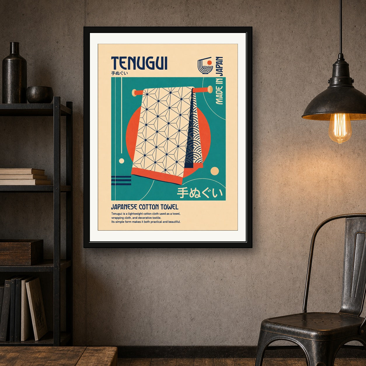 Retro Japanese 'Tenugui' Poster, Mid-Century Modern Japan Art Print, in Your Choice of Six Sizes - corrected 3x4 room mockup
