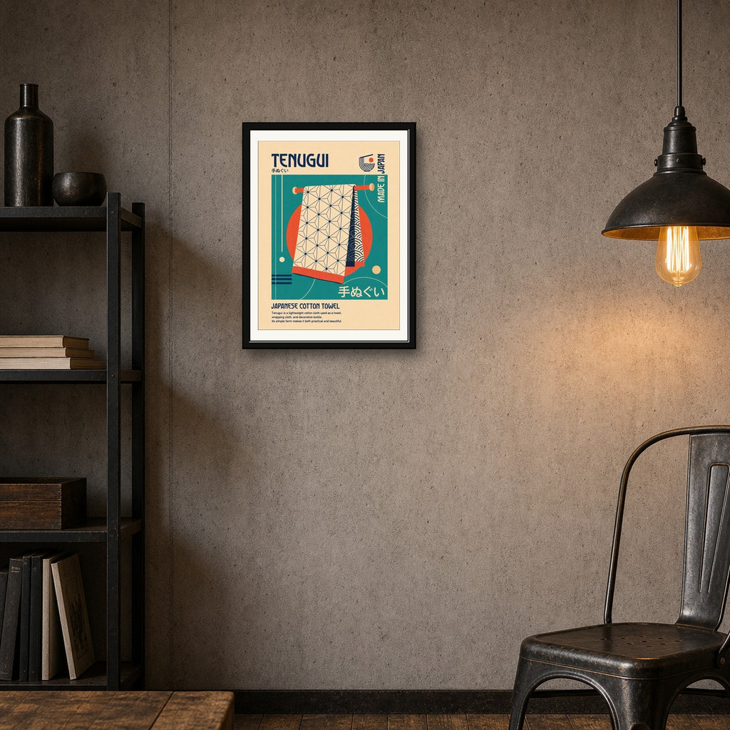 Retro Japanese 'Tenugui' Poster, Mid-Century Modern Japan Art Print, in Your Choice of Six Sizes - corrected 3x4 room mockup