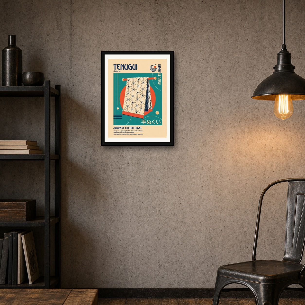 Retro Japanese 'Tenugui' Poster, Mid-Century Modern Japan Art Print, in Your Choice of Six Sizes - corrected 3x4 room mockup