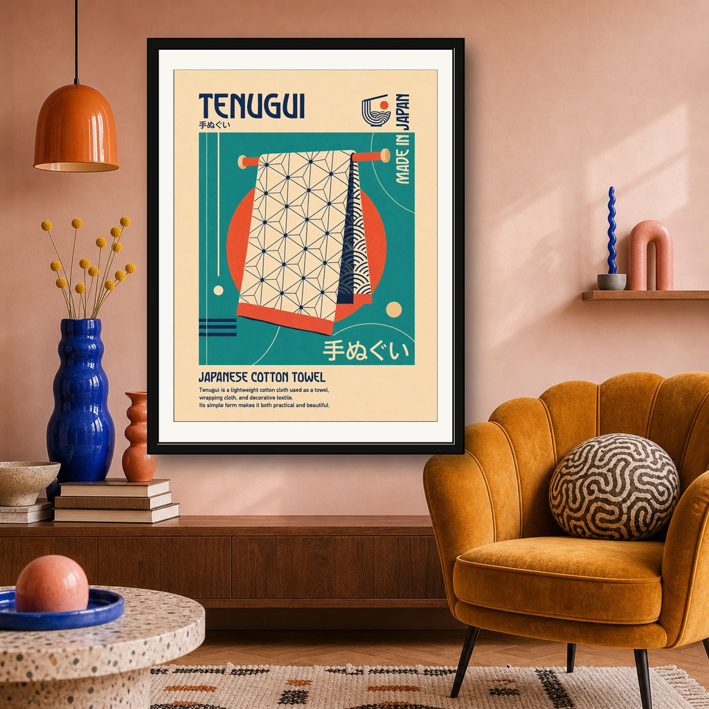 Retro Japanese 'Tenugui' Poster, Mid-Century Modern Japan Art Print, in Your Choice of Six Sizes - corrected 3x4 room mockup