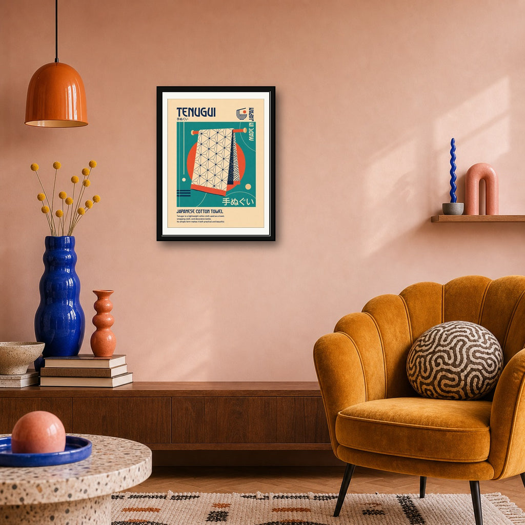 Retro Japanese 'Tenugui' Poster, Mid-Century Modern Japan Art Print, in Your Choice of Six Sizes - corrected 3x4 room mockup