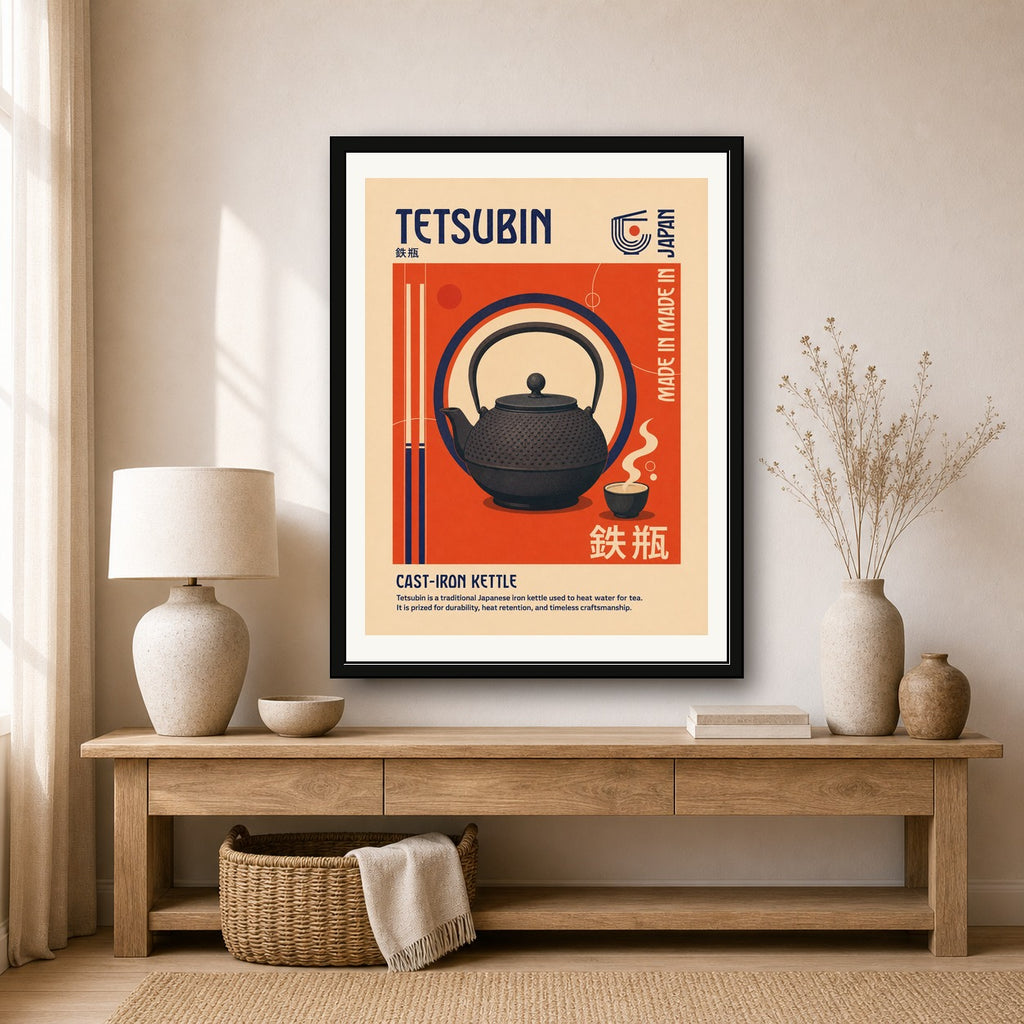 Retro Japanese Tsurigane Kettle Poster, Vibrant Japan Travel Wall Art, Unique Home Decor Print in Your Choice of Six Sizes - corrected 3x4 room mockup