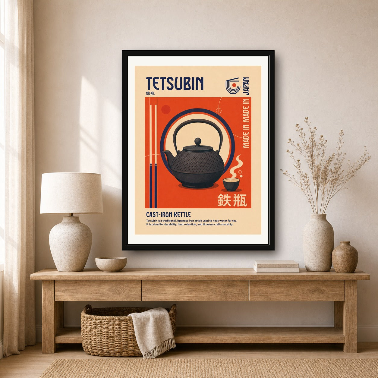 Retro Japanese Tsurigane Kettle Poster, Vibrant Japan Travel Wall Art, Unique Home Decor Print in Your Choice of Six Sizes - corrected 3x4 room mockup