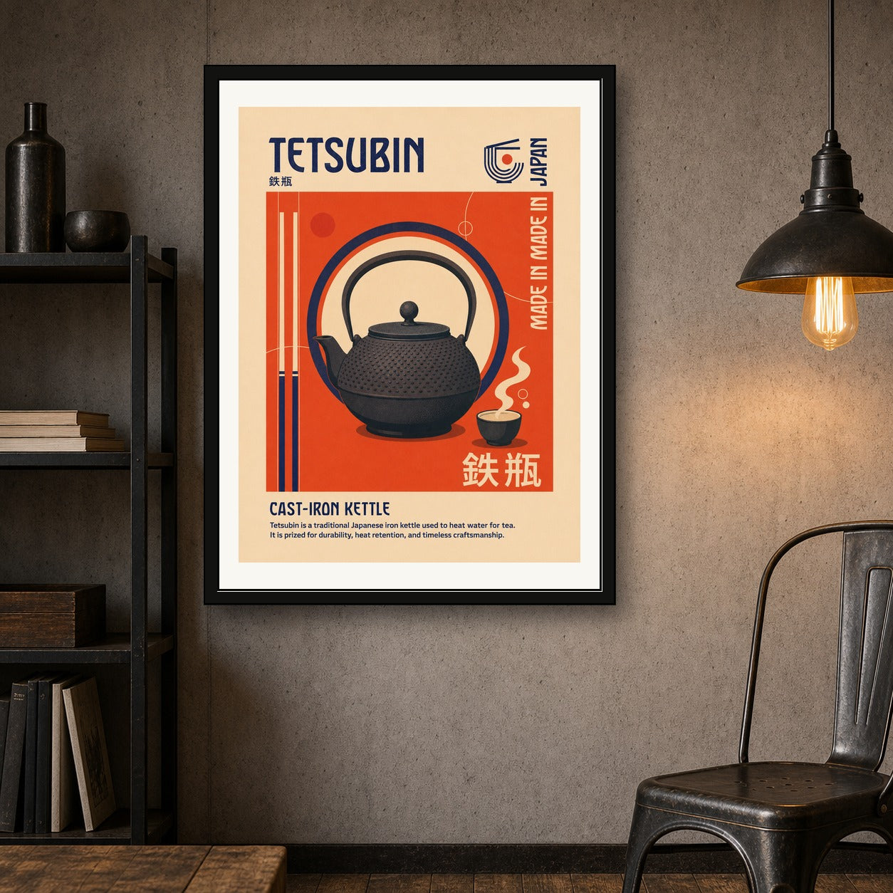 Retro Japanese Tsurigane Kettle Poster, Vibrant Japan Travel Wall Art, Unique Home Decor Print in Your Choice of Six Sizes - corrected 3x4 room mockup