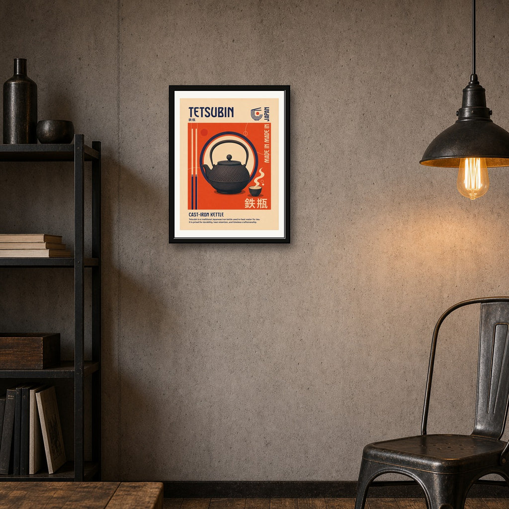 Retro Japanese Tsurigane Kettle Poster, Vibrant Japan Travel Wall Art, Unique Home Decor Print in Your Choice of Six Sizes - corrected 3x4 room mockup