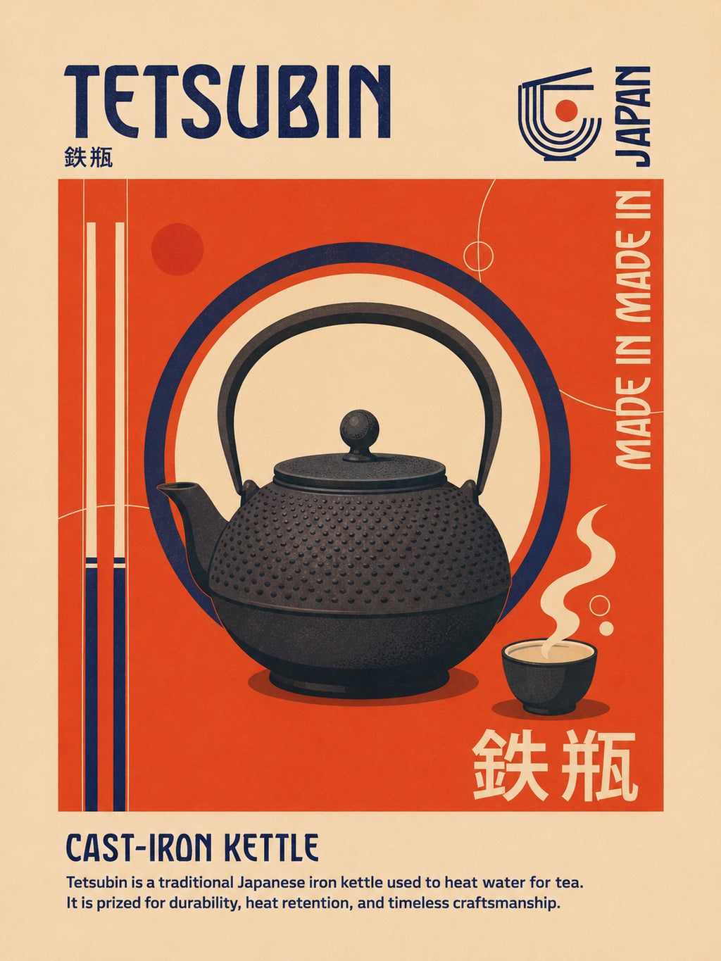 Retro Japanese Tsurigane Kettle Poster, Vibrant Japan Travel Wall Art, Unique Home Decor Print in Your Choice of Six Sizes - corrected 3x4 flat artwork