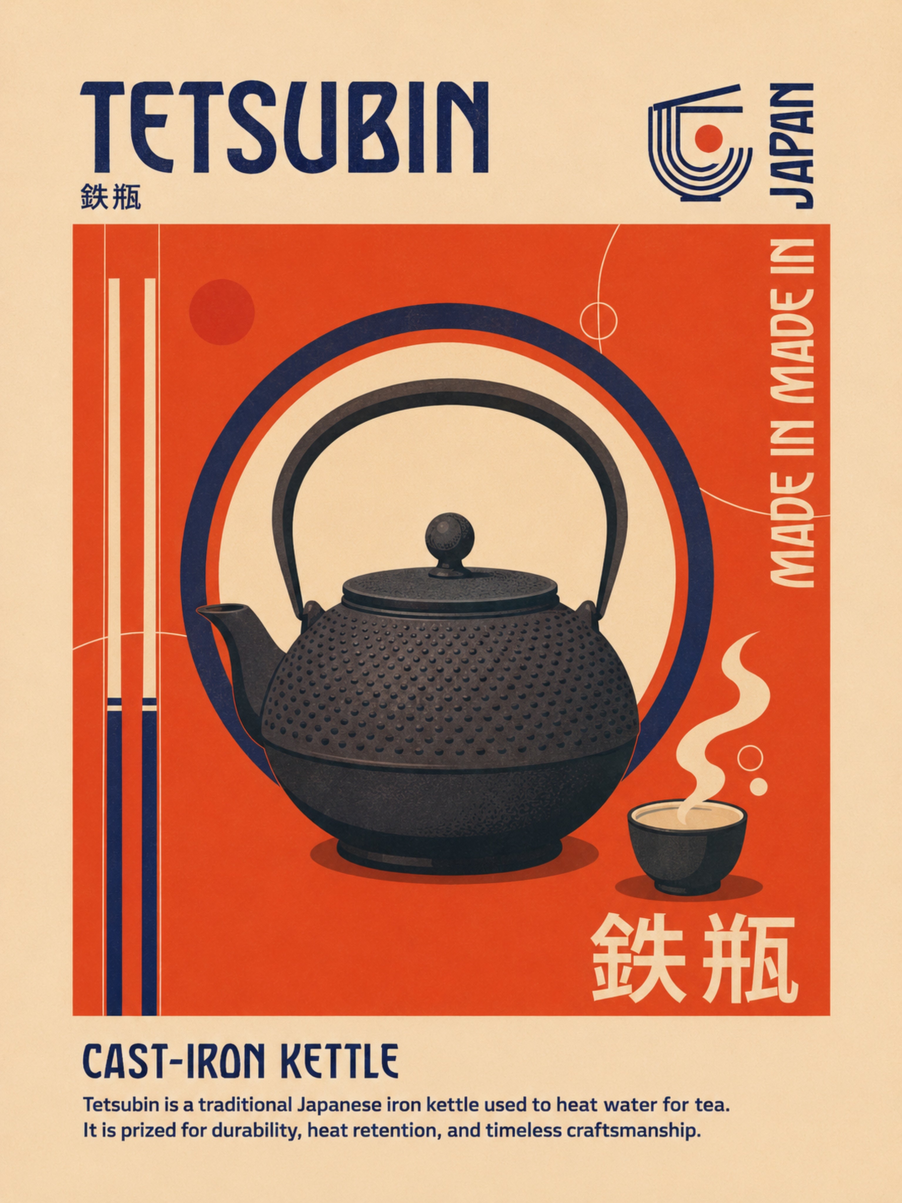 Retro Japanese Tsurigane Kettle Poster, Vibrant Japan Travel Wall Art, Unique Home Decor Print in Your Choice of Six Sizes - corrected 3x4 flat artwork