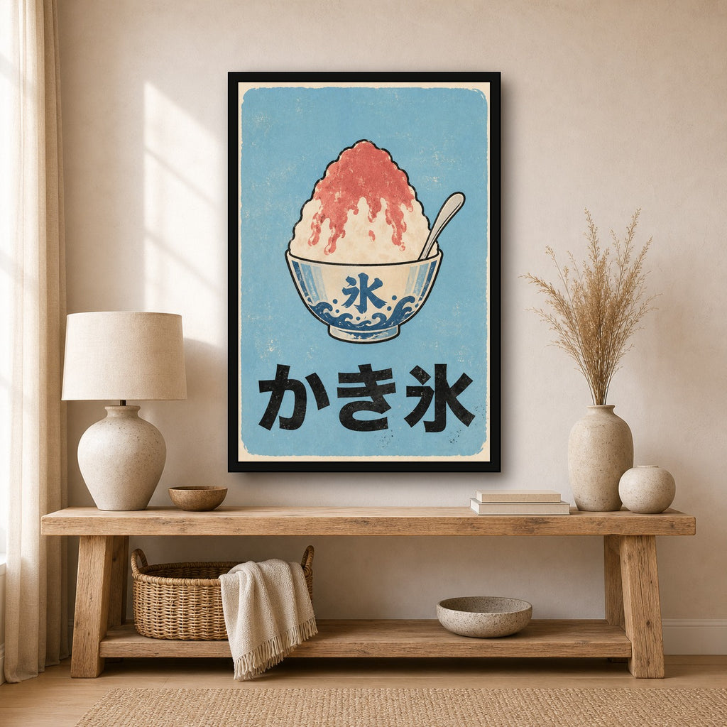 Retro Kakigori Poster, Japanese Shaved Ice Wall Art, Vintage Summer Dessert Print - 2x3 room mockup