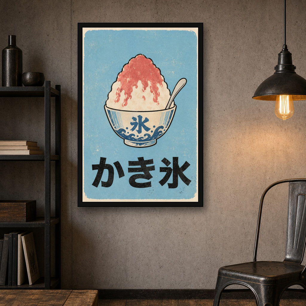 Retro Kakigori Poster, Japanese Shaved Ice Wall Art, Vintage Summer Dessert Print - 2x3 room mockup