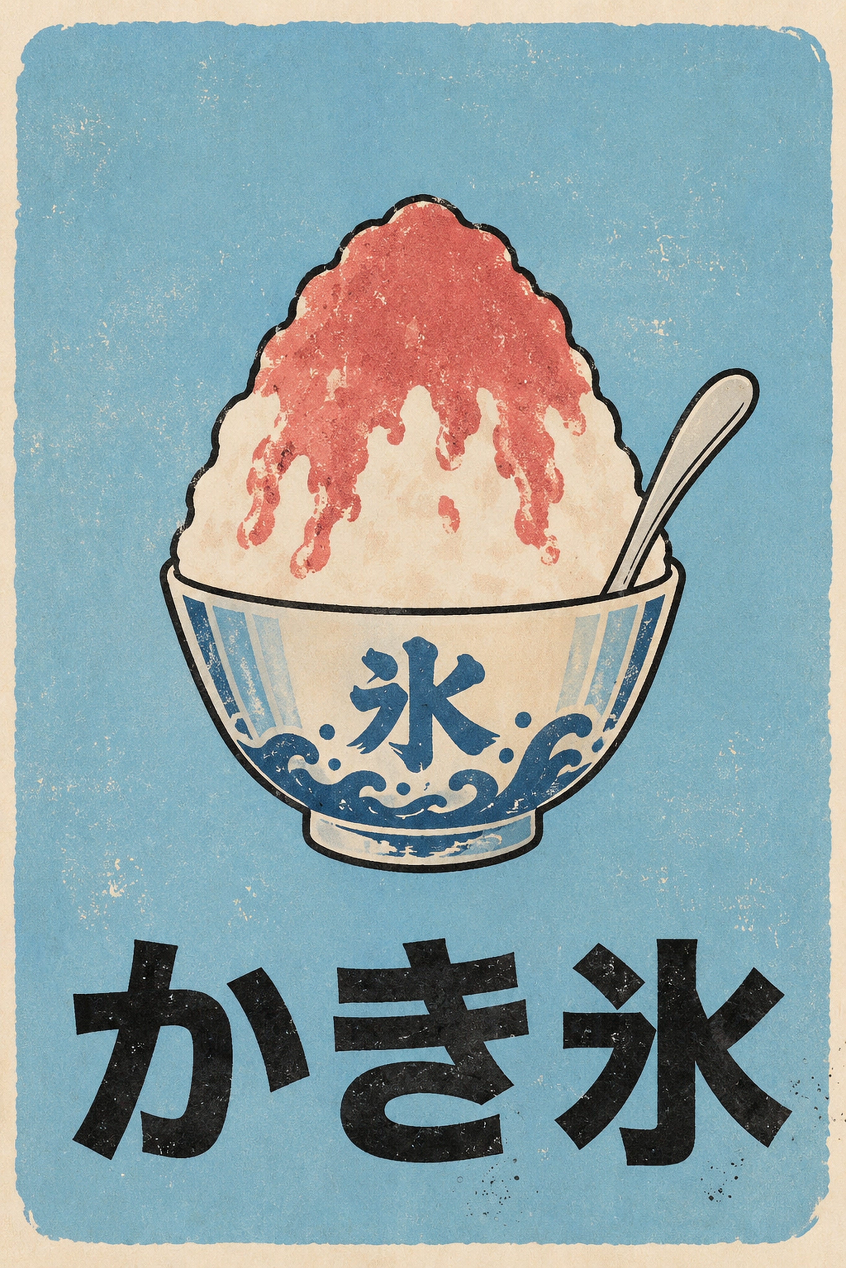 Retro Kakigori Poster, Japanese Shaved Ice Wall Art, Vintage Summer Dessert Print
