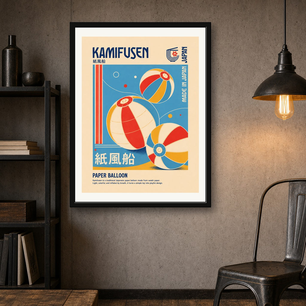 Retro Kamifusen Poster, Vintage Japanese Paper Balloon Art, Playful Japan Travel Print - corrected 3x4 room mockup