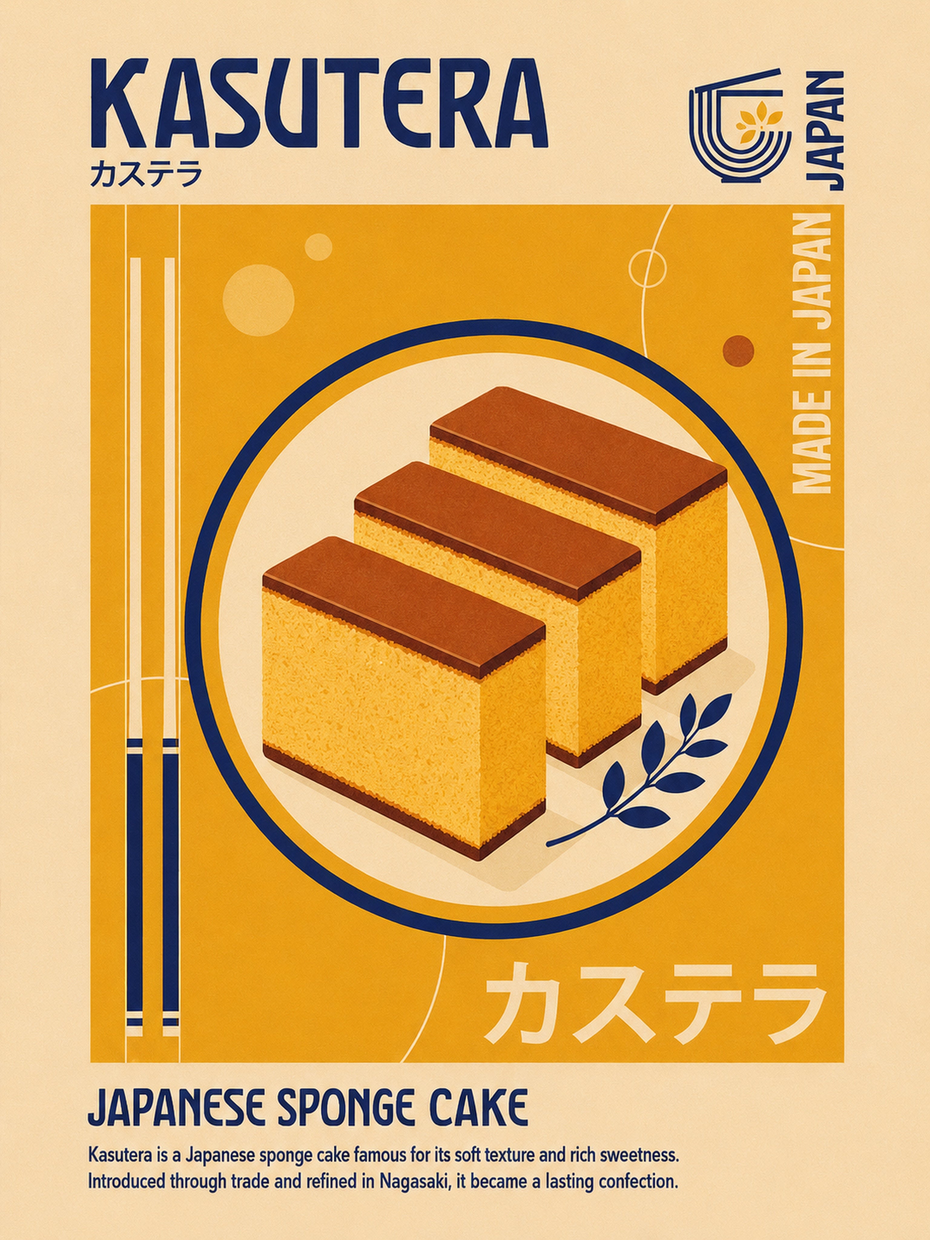 Retro Kasutera Poster, Japanese Sponge Cake Art, Vintage Foodie Decor, Available in Multiple Sizes - corrected 3x4 flat artwork