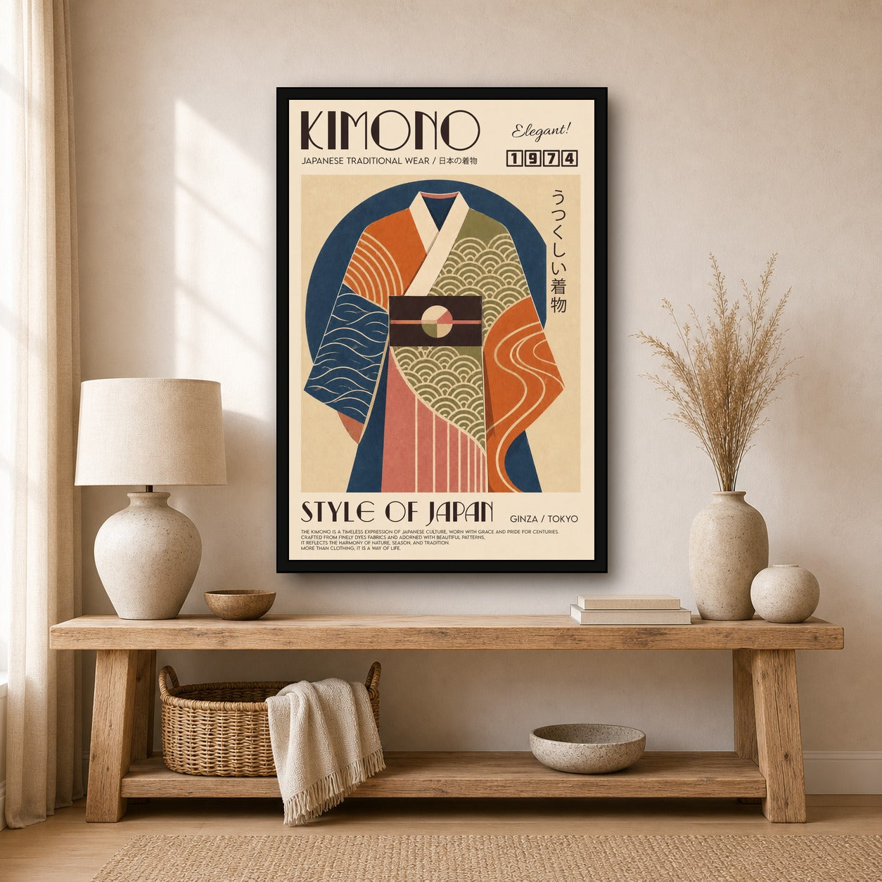 Retro Kimono Art Print, Japanese Traditional Wear Poster, Elegant 1974 Style Japan Wall Decor in Multiple Sizes - 2x3 room mockup