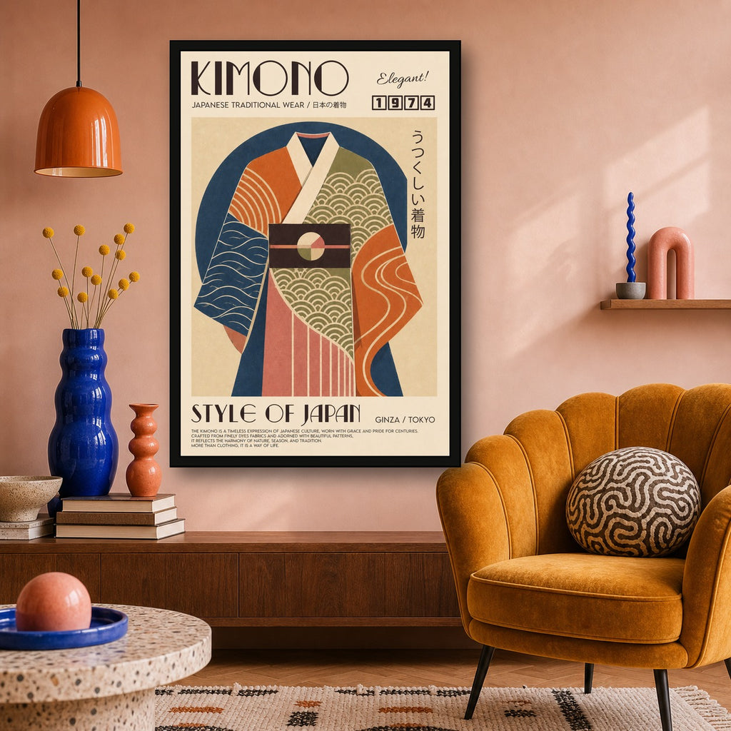 Retro Kimono Art Print, Japanese Traditional Wear Poster, Elegant 1974 Style Japan Wall Decor in Multiple Sizes - 2x3 room mockup