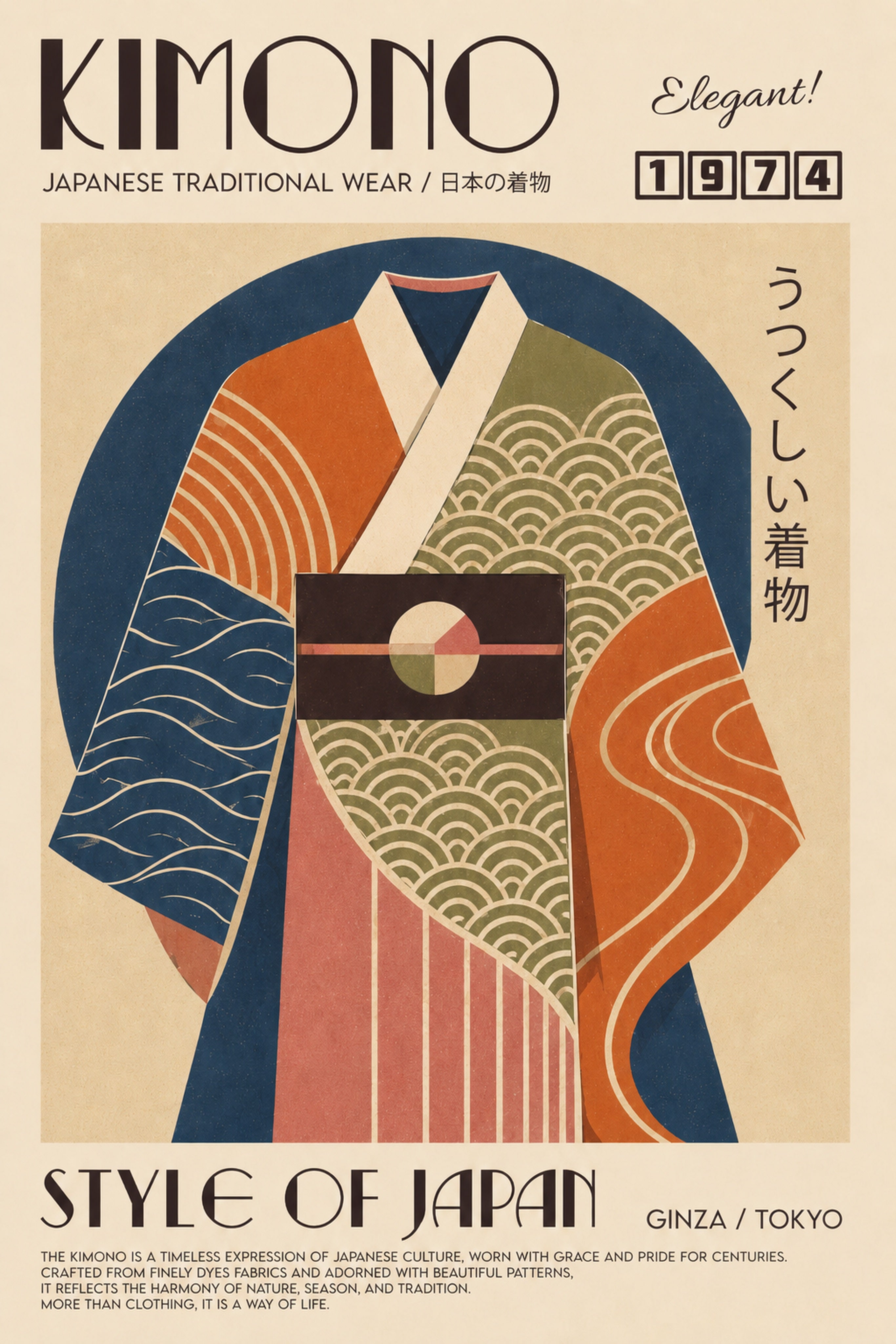 Retro Kimono Art Print, Japanese Traditional Wear Poster, Elegant 1974 Style Japan Wall Decor in Multiple Sizes