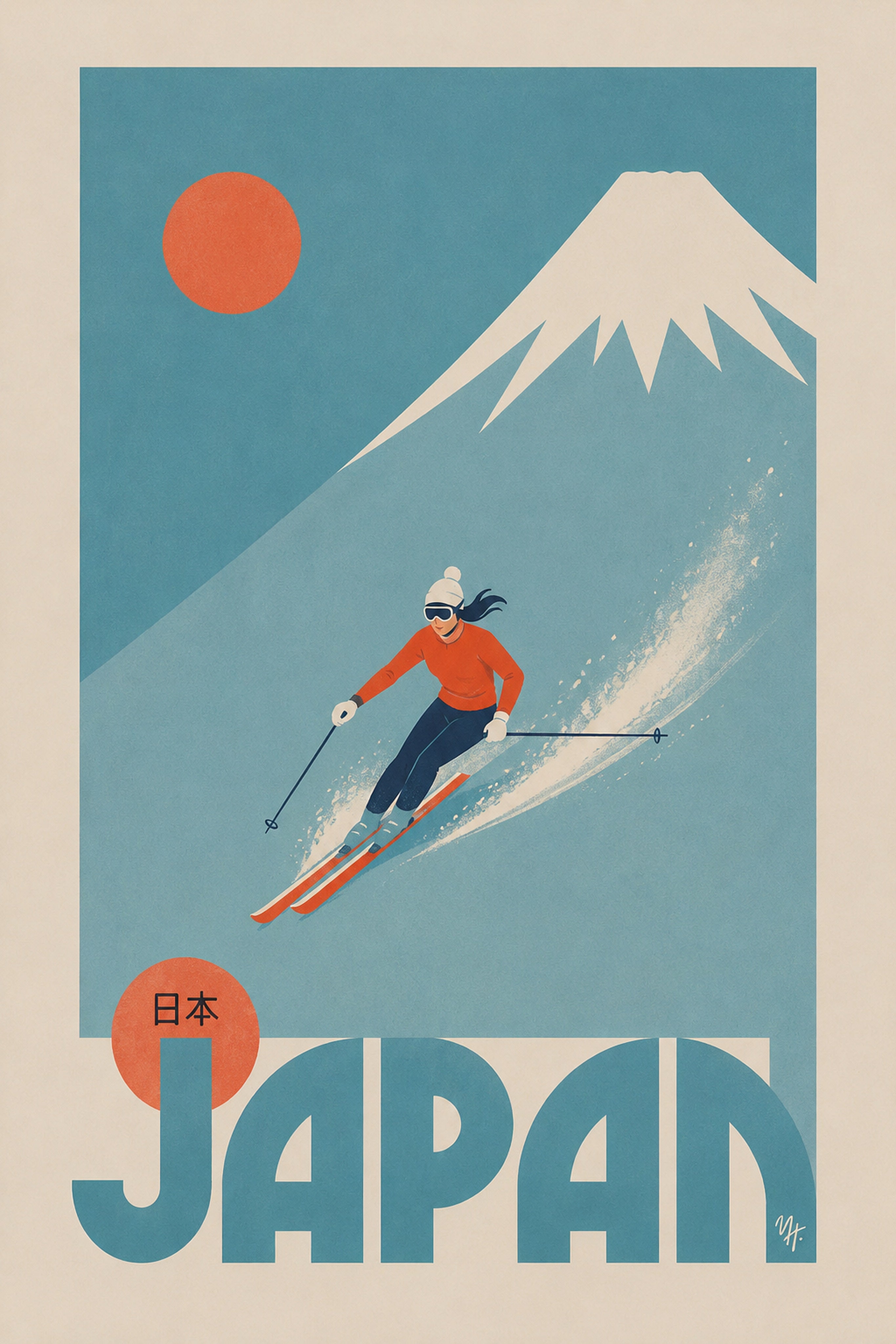 Retro Ski Japan Poster, Mount Fuji Travel Art, Vintage Japanese Alps Wall Decor, in your choice of six sizes