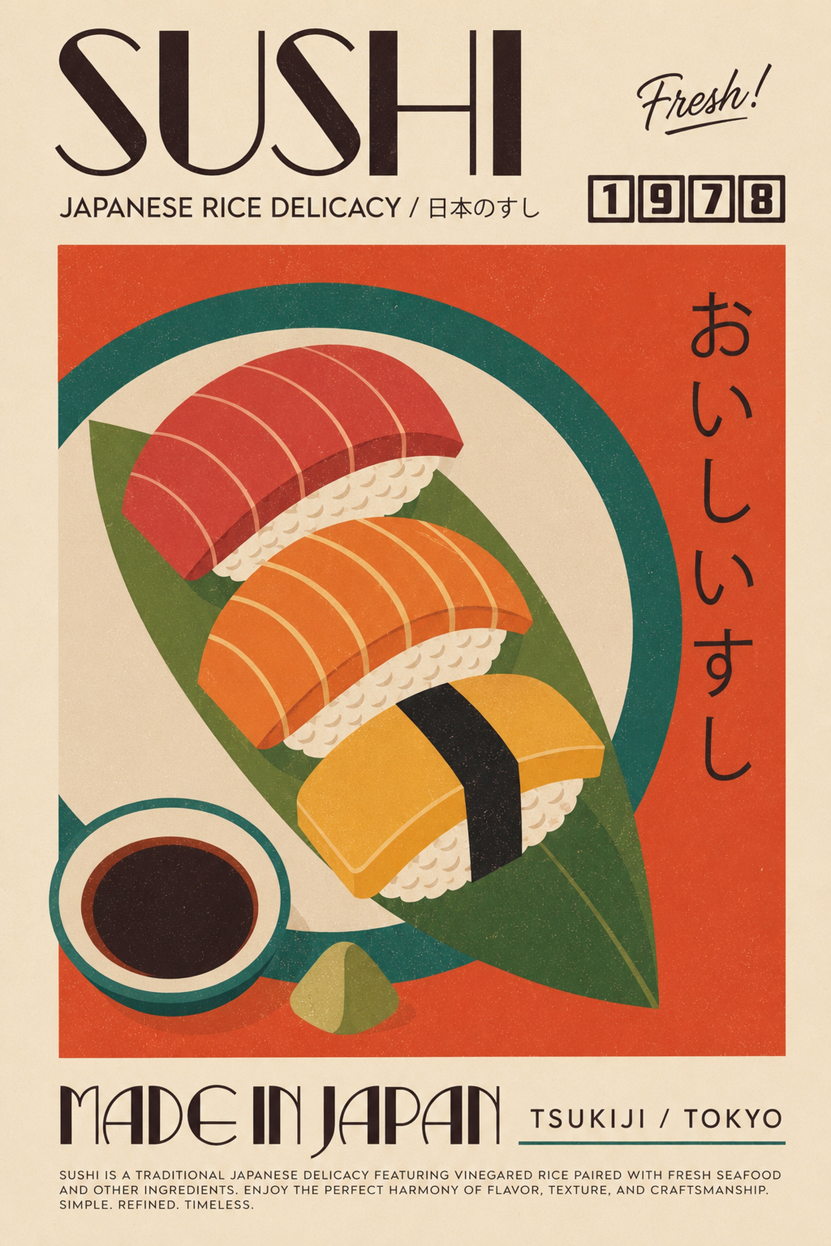 Retro Sushi Poster, Vintage Japanese Food Wall Art, Asian Kitchen Decor Print in Multiple Sizes
