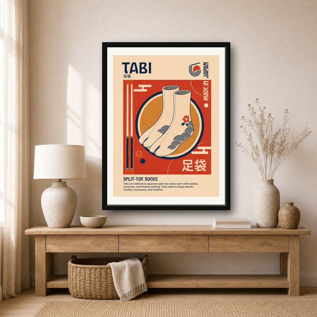 Retro Tabi Split-Toe Socks Poster, Japanese Culture Wall Art, Vibrant Travel Decor Print - corrected 3x4 room mockup
