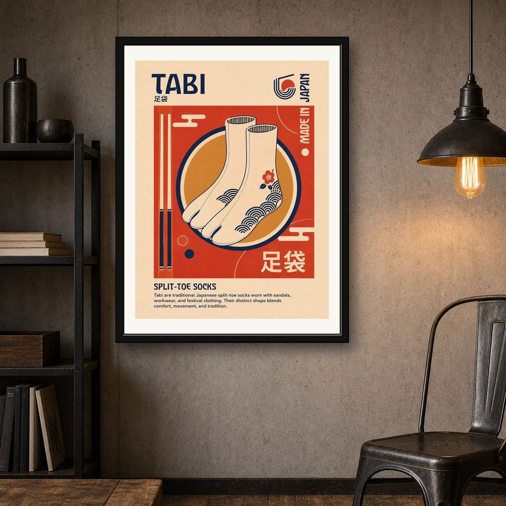 Retro Tabi Split-Toe Socks Poster, Japanese Culture Wall Art, Vibrant Travel Decor Print - corrected 3x4 room mockup