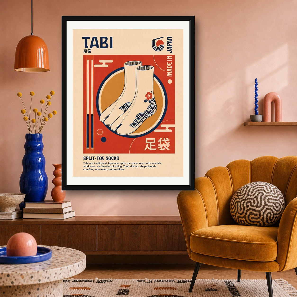 Retro Tabi Split-Toe Socks Poster, Japanese Culture Wall Art, Vibrant Travel Decor Print - corrected 3x4 room mockup