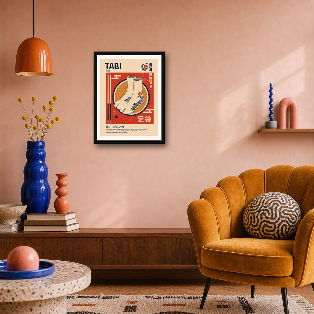 Retro Tabi Split-Toe Socks Poster, Japanese Culture Wall Art, Vibrant Travel Decor Print - corrected 3x4 room mockup