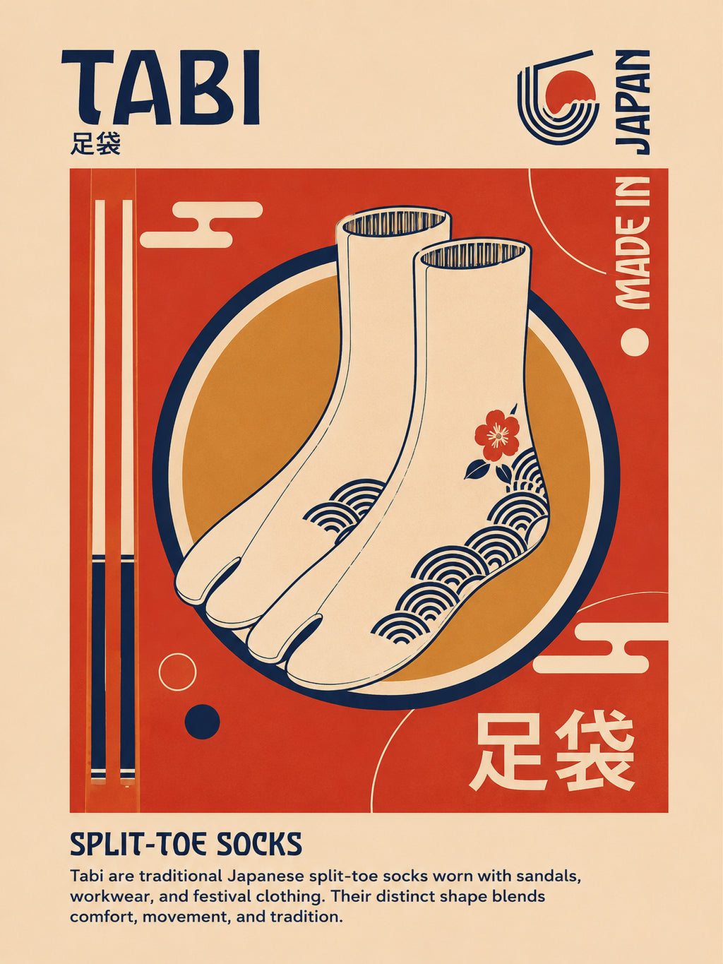Retro Tabi Split-Toe Socks Poster, Japanese Culture Wall Art, Vibrant Travel Decor Print - corrected 3x4 flat artwork