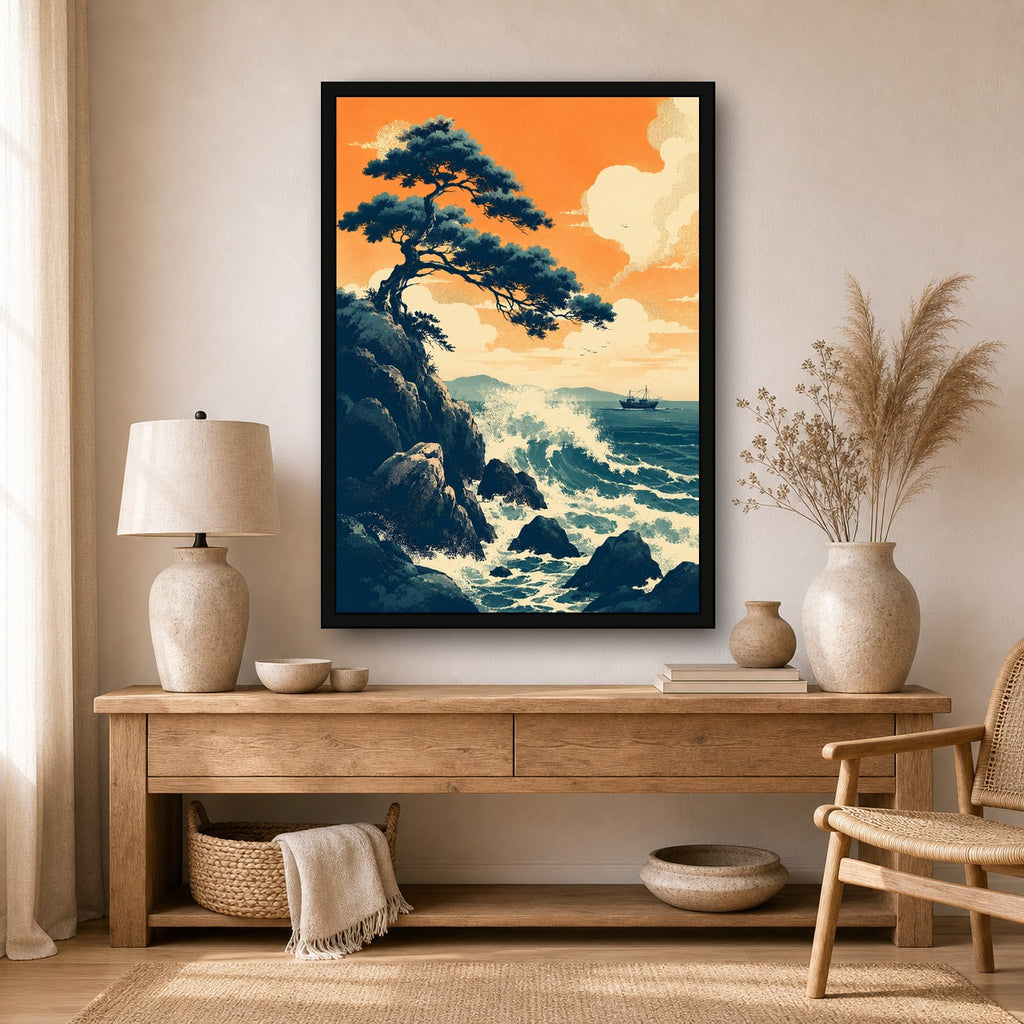 Rocky Coast Sunset Japanese Retro Poster Print - A room mockup