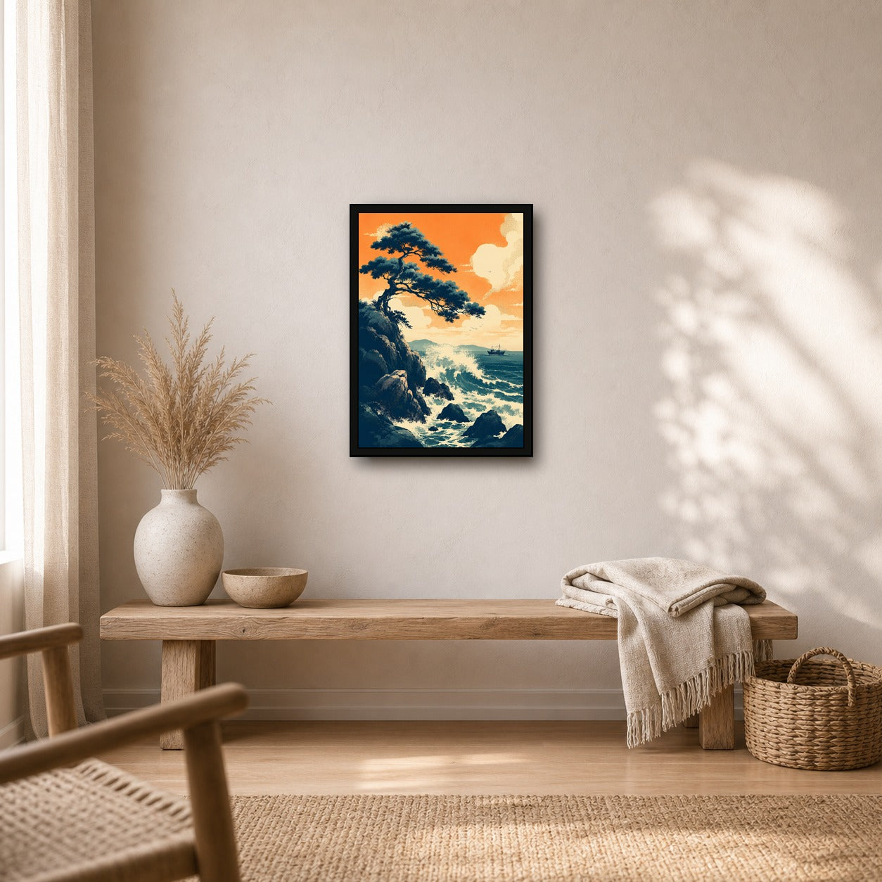 Rocky Coast Sunset Japanese Retro Poster Print - A room mockup