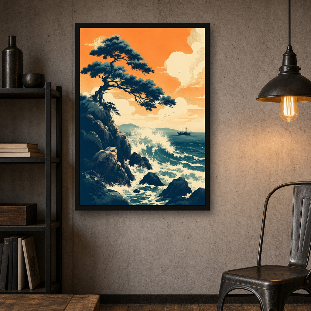 Rocky Coast Sunset Japanese Retro Poster Print - A room mockup