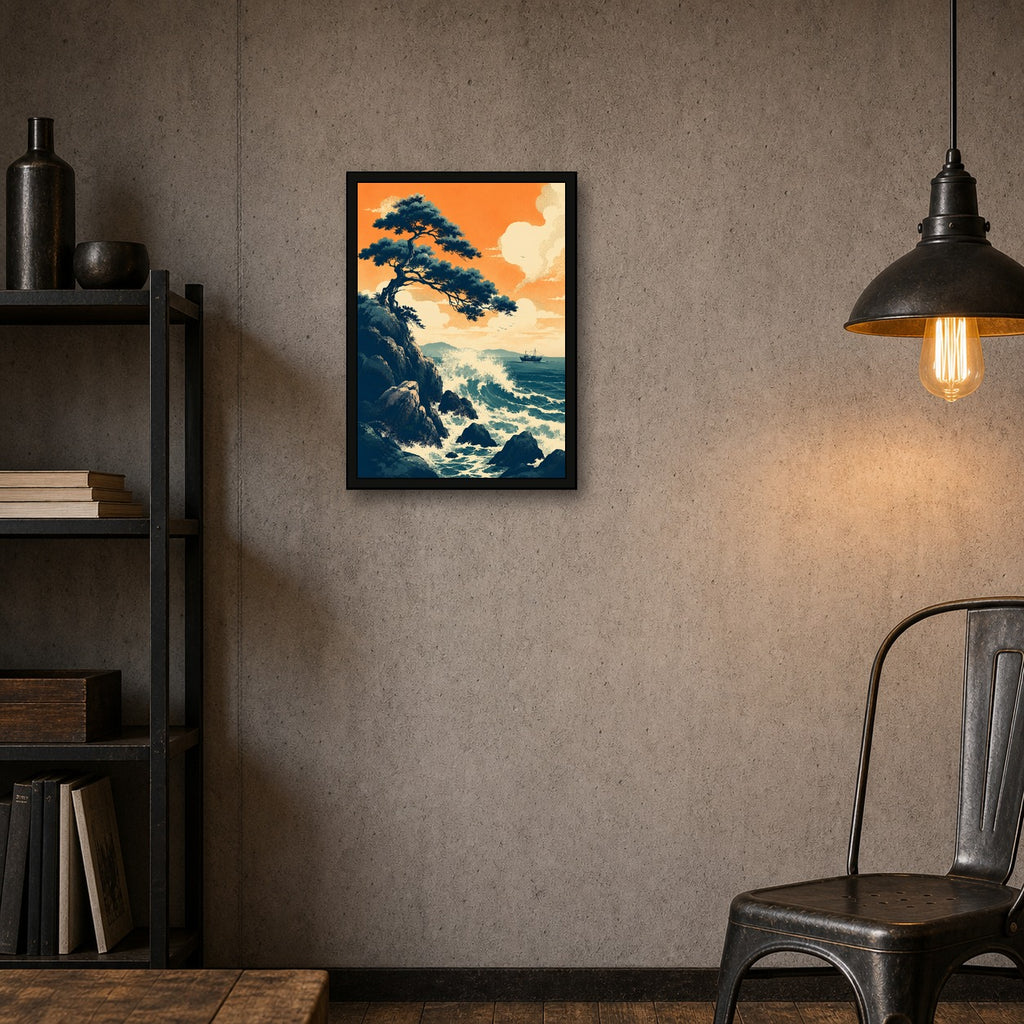 Rocky Coast Sunset Japanese Retro Poster Print - A room mockup