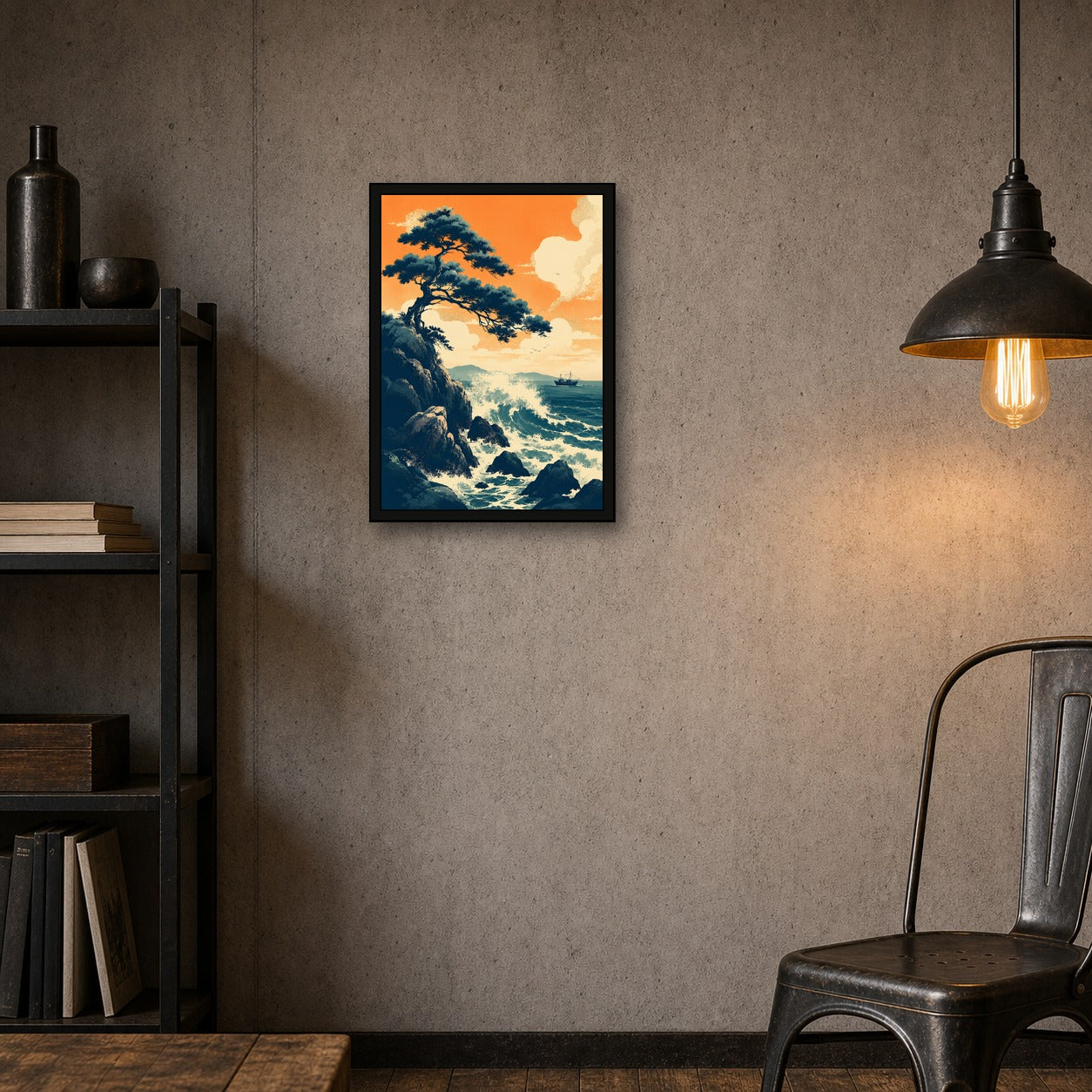 Rocky Coast Sunset Japanese Retro Poster Print - A room mockup
