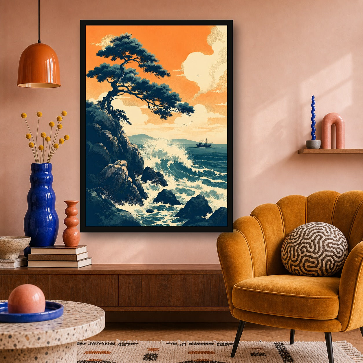 Rocky Coast Sunset Japanese Retro Poster Print - A room mockup