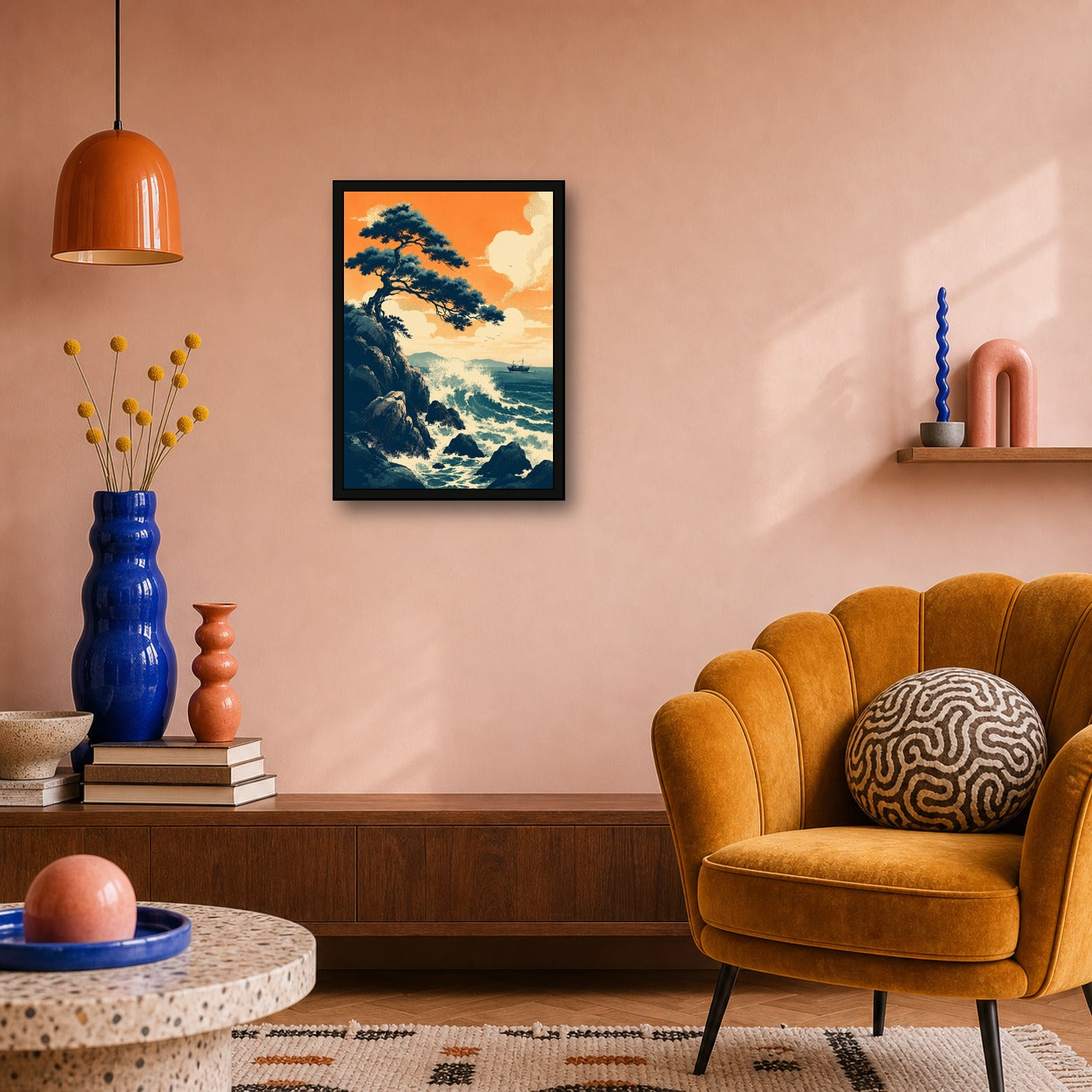 Rocky Coast Sunset Japanese Retro Poster Print - A room mockup