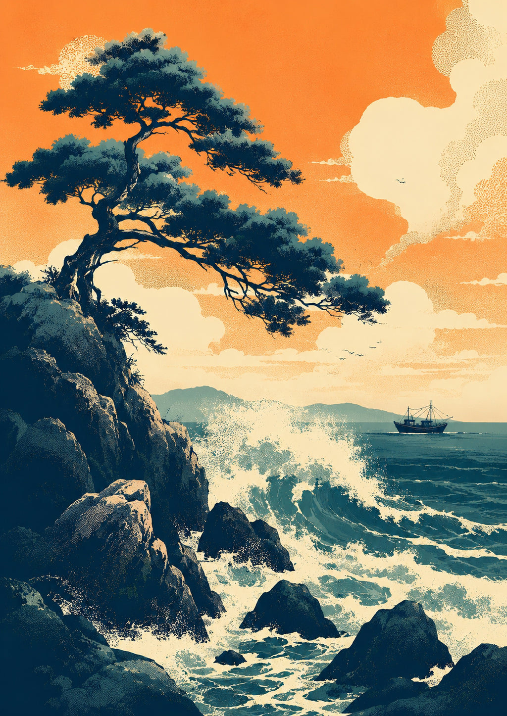 Rocky Coast Sunset Japanese Retro Poster Print