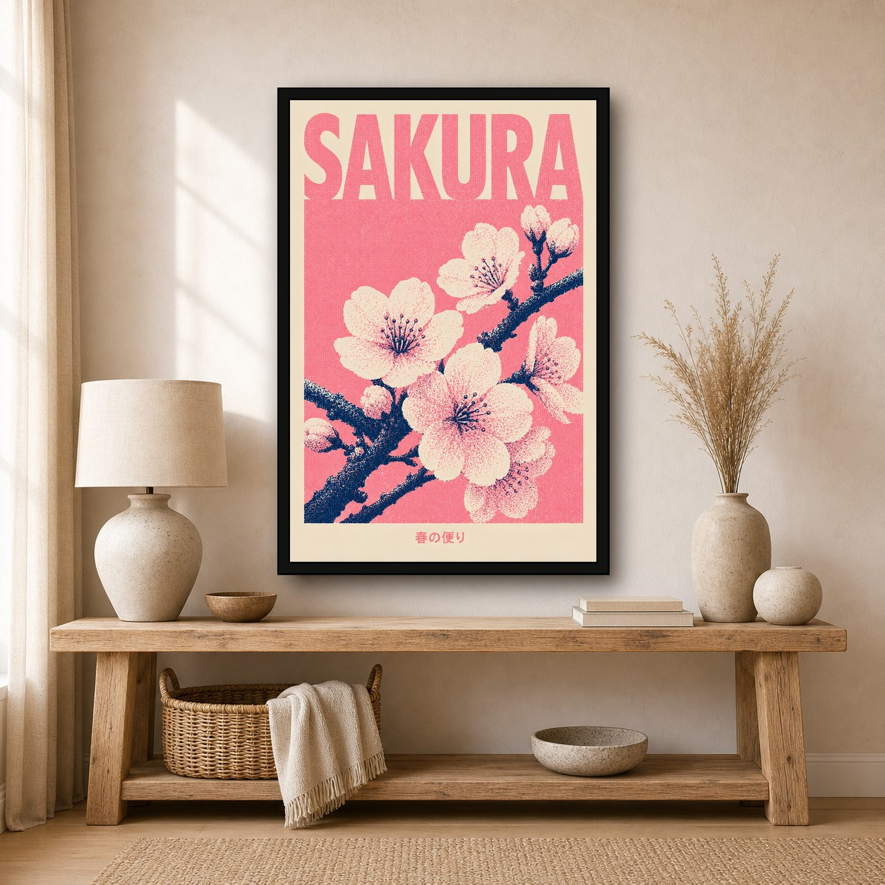 Sakura Blossom Pink Japanese Retro Poster Print - 2x3 room mockup