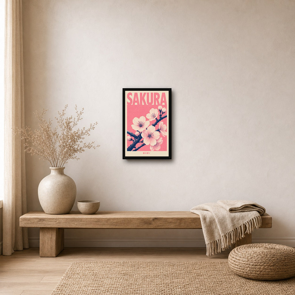 Sakura Blossom Pink Japanese Retro Poster Print - 2x3 room mockup