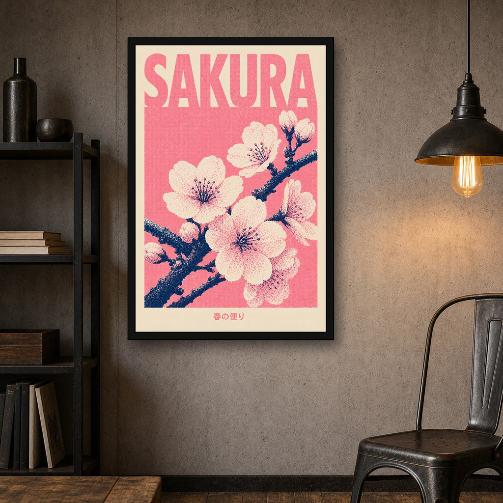 Sakura Blossom Pink Japanese Retro Poster Print - 2x3 room mockup